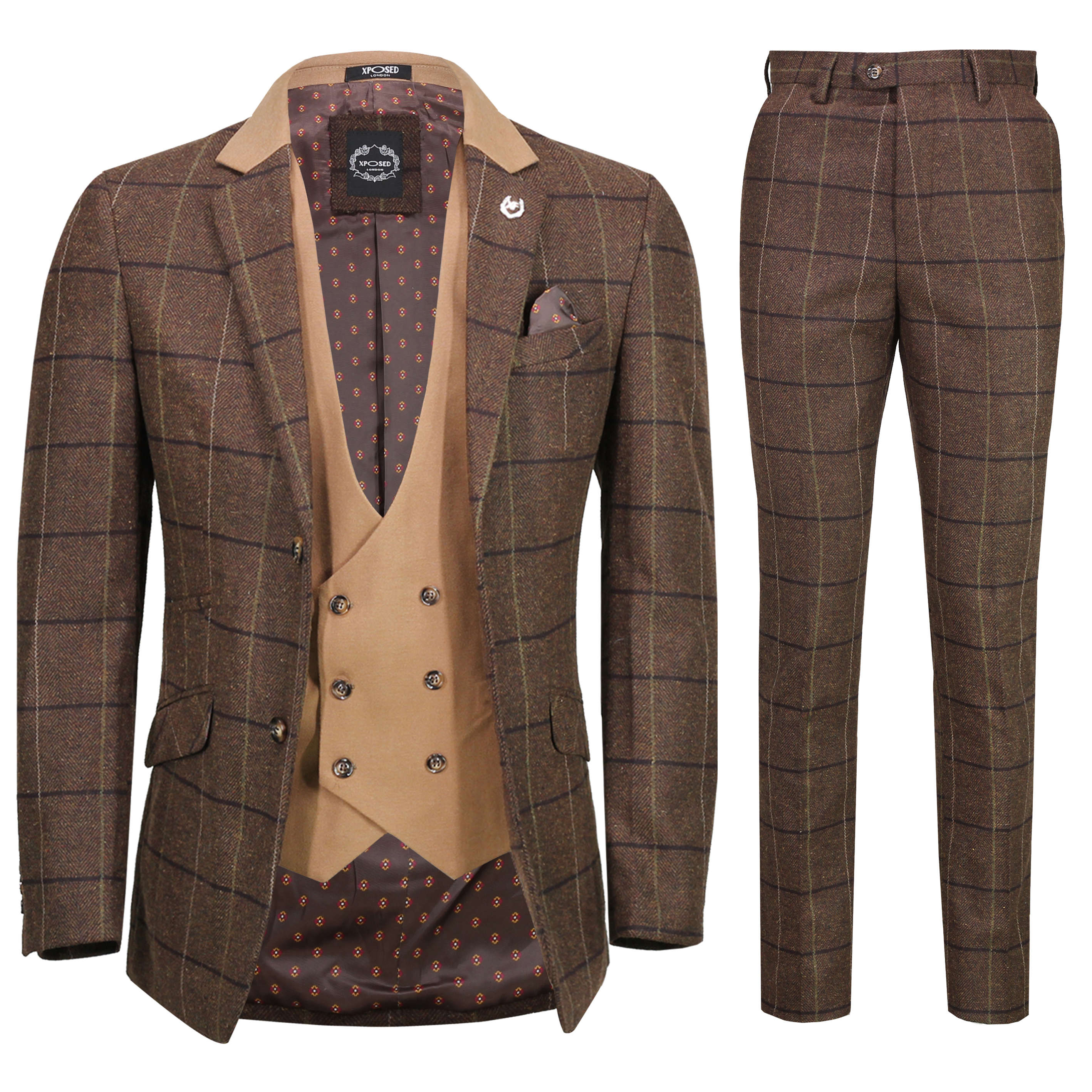 Mens Classic 3 Piece Tweed Suit Herringbone Brown Check Retro Smart Tailored Fit Ebay